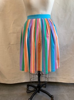 Womens, Skirt, Below Knee, MOD CLOTH, Turquoise Blue, Jade Green, Orange, Peach Orange, Pink, Cotton, Stripes - Vertical , M, W30-3, Retro 80s, Full Pleated, Elastic Back Waist, Back Zipper,
