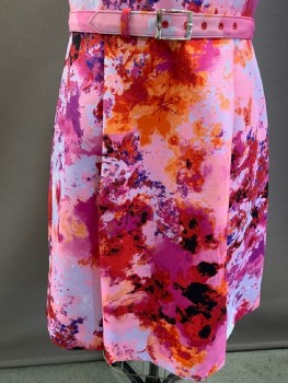 ADRIANNA PAPEL, Pink, Red, Purple, Black, Orange, Polyester, Elastane, Floral, Boat Neck, Slvls, Pleats At Waist Front And Back, Back Zip, Hem At Knee, Belt