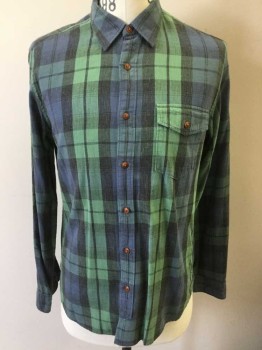 Mens, Casual Shirt, J CREW, Slate Blue, Sea Foam Green, Charcoal Gray, Cotton, Plaid, M, Long Sleeve Button Front, Collar Attached, 1 Pocket