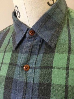 Mens, Casual Shirt, J CREW, Slate Blue, Sea Foam Green, Charcoal Gray, Cotton, Plaid, M, Long Sleeve Button Front, Collar Attached, 1 Pocket