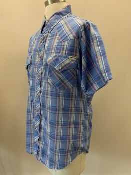 Mens, Casual Shirt, ROEBUCKS, Blue, Lt Blue, Yellow, Red, Cotton, Plaid, C46, L, S/S, Snap Button Front, Collar Attached, Chest Pockets