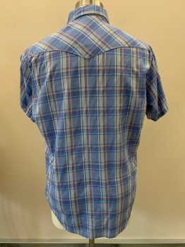 Mens, Casual Shirt, ROEBUCKS, Blue, Lt Blue, Yellow, Red, Cotton, Plaid, C46, L, S/S, Snap Button Front, Collar Attached, Chest Pockets