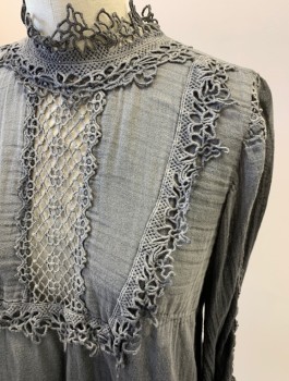 Womens, Blouse, NL, Gray, Dk Gray, Cotton, Ombre, Faded, B34, L/S, Self Button Back, High Collar, Bib Front, Cotton Netting Floral Trim And Front Panel