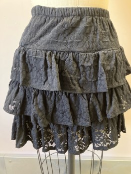 MELLOW MAIL, Black, Nylon Stretch Lace, Floral,, Elastic Waist, 3 Tiered Self Ruffled Mini