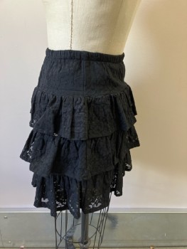 MELLOW MAIL, Black, Nylon Stretch Lace, Floral,, Elastic Waist, 3 Tiered Self Ruffled Mini