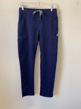 FIGS, Navy Blue, Polyester, Rayon, Elastic Waist, Gray Drawstring, Slant Pockets, 1 Zip Pocket on  Right Thigh, Double Pocket on Left Thigh