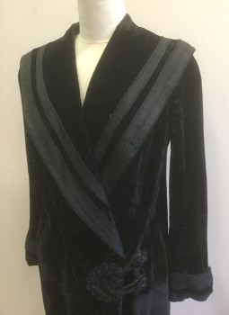 Womens, Coat 1890s-1910s, N/L, Black, Cotton, Silk, Solid, B:40, Crushed Velvet, Wide Shawl Lapel, Woven and Braided Trim at Collar and Cuffs, 2 Large Knotted Buttons with Loop Closures with Decorative Detail at Front, Floor Length with Vents at Side Hem, Caramel Silk Lining, **Lining is Worn/Shredded, Some Velvet Worn on Outside Also