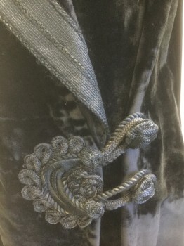 N/L, Black, Cotton, Silk, Solid, Crushed Velvet, Wide Shawl Lapel, Woven and Braided Trim at Collar and Cuffs, 2 Large Knotted Buttons with Loop Closures with Decorative Detail at Front, Floor Length with Vents at Side Hem, Caramel Silk Lining, **Lining is Worn/Shredded, Some Velvet Worn on Outside Also