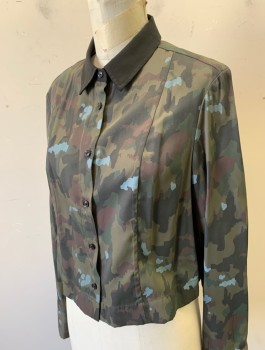G STAR RAW, Olive Green, Forest Green, Black, Brown, Dusty Blue, Polyester, Viscose, Camouflage, Button Front, Collar Attached, Long Sleeves, Cropped, Solid Black Collar