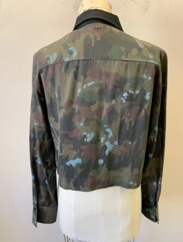 Womens, Blouse, G STAR RAW, Olive Green, Forest Green, Black, Brown, Dusty Blue, Polyester, Viscose, Camouflage, S, Button Front, Collar Attached, Long Sleeves, Cropped, Solid Black Collar