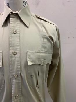 Mens, Fire/Police Shirt, LAW PRO, Tan Brown, Polyester, Cotton, Solid, 32-33, 14.5, Button Front, Collar Attached, Long Sleeve,  Epaulets, 2 Batwing Flap Pockets, Creases,