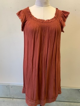 Womens, Dress, Short Sleeve, TWIK, Sienna Brown, Viscose, Cotton, Solid, L, Gauze, Cap Sleeves, Scoop Neck with Smocking, Ruffled Edge, Eyelet Lace at Hem, Pom Pom Fringe at Arm Openings, Knee Length