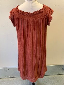 Womens, Dress, Short Sleeve, TWIK, Sienna Brown, Viscose, Cotton, Solid, L, Gauze, Cap Sleeves, Scoop Neck with Smocking, Ruffled Edge, Eyelet Lace at Hem, Pom Pom Fringe at Arm Openings, Knee Length
