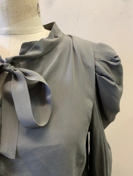 Womens, Blouse, GOLD HAWK, Dk Gray, Silk, Solid, S, Band Collar, V-N, Half Placket, L/S, Matching Tie