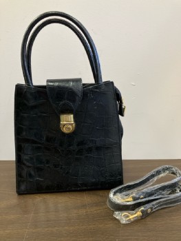 N/L, Black, Leather, Reptile/Snakeskin, Aged Leather, Gold Hardware, Shoulder Strap Included