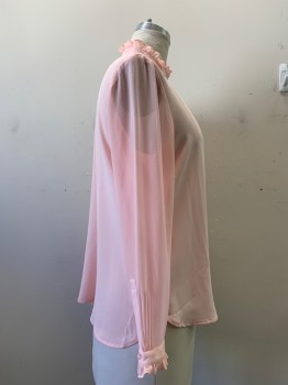ANNE KLEIN, Pink, Polyester, Solid, Sheer Button Front, Ruffled Collar Stand, Long Sleeves, Ruffle Cuffs,