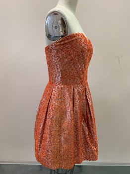 Womens, Cocktail Dress, PAPER CROWN, Orange, Red-Orange, Silver, Polyester, Moire, W26, B36, Strapless, Sweetheart Neckline, Pleated, Back Zipper,