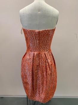 Womens, Cocktail Dress, PAPER CROWN, Orange, Red-Orange, Silver, Polyester, Moire, W26, B36, Strapless, Sweetheart Neckline, Pleated, Back Zipper,
