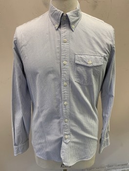 BROOKS BROTHERS, White, Blue, Cotton, Stripes, L/S, Button Front, Button Down Collar, Chest Pocket with Button Slap, Back Pleat with Contrast Locker Loop