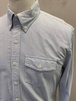 BROOKS BROTHERS, White, Blue, Cotton, Stripes, L/S, Button Front, Button Down Collar, Chest Pocket with Button Slap, Back Pleat with Contrast Locker Loop
