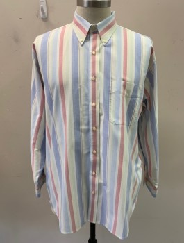 JOS A BANK, White, Red, Lt Blue, Mint Green, Cotton, Stripes, L/S, Button Front, Button Down Collar, Chest Pocket, Back Pleat