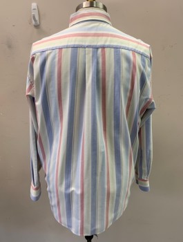 JOS A BANK, White, Red, Lt Blue, Mint Green, Cotton, Stripes, L/S, Button Front, Button Down Collar, Chest Pocket, Back Pleat