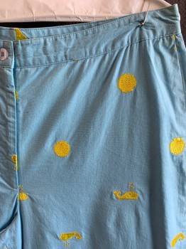 Womens, Pants, LILLY PULITZER, Lt Blue, Yellow, Cotton, Spandex, Nautical Theme Pattern, Animals, W32, 8, F.F, 3 Pockets, Zip Fly, Yellow Embroidery Of Whales And Sea Shells