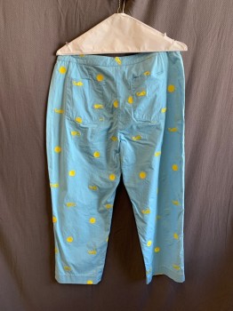 LILLY PULITZER, Lt Blue, Yellow, Cotton, Spandex, Nautical Theme Pattern, Animals, F.F, 3 Pockets, Zip Fly, Yellow Embroidery Of Whales And Sea Shells