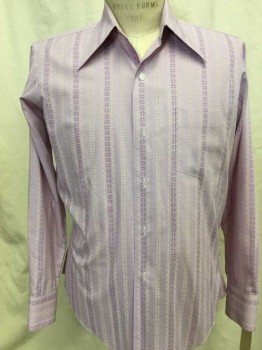 N/L, Lavender Purple, Purple, Cream, Polyester, Cotton, Floral, Stripes, Purple & Cream Floral Striped, Long Sleeves, Button Front, Collar Attached, 1 Pocket,