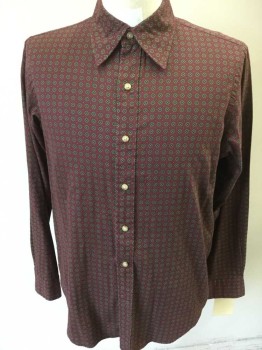 POLO RALPH LAUREN, Maroon Red, Green, Yellow, Black, Cotton, Geometric, Small Medallion Print, Long Sleeves, Button Front, Collar Attached,