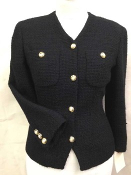 Womens, Suit, Jacket, MAX MARA, Black, Gold, Wool, Solid, Basket Weave, 10, V-neck, Single Breasted, 4 Buttons, Long Sleeves, 2 Pockets, Gold and Pearl Buttons (some Pearls Missing, Boucle