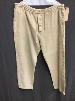 Mens, Casual Pants, NO LABEL, Oatmeal Brown, Cotton, Solid, Basket Weave, W: 38, Drawstring Waist, Button Fly, Hole Near Drawstring Exit