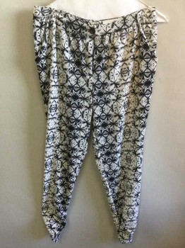 JANE HUDSON, White, Black, Gray, Polyester, Abstract , White with Black and Gray Brushstroke Snowflake/Asterisk Like Pattern, Crepe, 1" Self Waistband, Zip Fly, Tapered Legs with Ruching at Hems, 2 Side Pockets