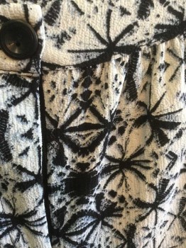 JANE HUDSON, White, Black, Gray, Polyester, Abstract , White with Black and Gray Brushstroke Snowflake/Asterisk Like Pattern, Crepe, 1" Self Waistband, Zip Fly, Tapered Legs with Ruching at Hems, 2 Side Pockets