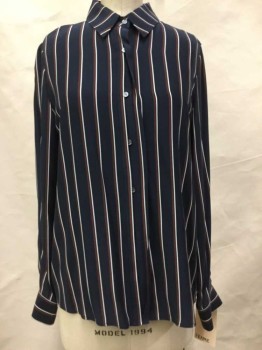 Womens, Blouse, FRAME, Navy Blue, White, Brown, Silk, Stripes, M, Navy with White/brown Stripes, Button Front, Collar Attached, Long Sleeves,