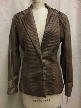 Womens, Blazer, ERIN LONDON, Brown, Synthetic, Mottled, M , Brown Pleather, Accordion Pleated Front, Notched Lapel, 1 Button,