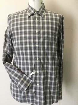 ZEGNA, Brown, Cream, Gray, Cotton, Plaid, Button Front, Long Sleeves, Collar Attached, 1 Pocket,