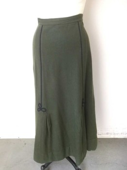 N/L, Olive Green, Black, Wool, Solid, Solid Olive Wool with Black Gimp Appliqué Accents  2 Vertical Stripes at Center Front with Looped Flourish at Bottom, 2 Vertical Pleats at Center Front, Velcro Closure at Center Back Waist, Floor Length Hem, Made To Order