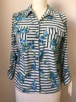 ELEMENTZ, Sea Foam Green, Black, Turquoise Blue, Lt Blue, Polyester, Spandex, Stripes, Floral, Button Front, Collar Attached, Long Sleeves with Tabs. 2 Pockets with Flaps