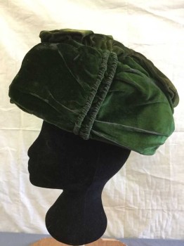 N/L, Moss Green, Rayon, Solid, Panne Velvet Turban, Gathered Piping, 6" Tall, Scrunched and Wired Into Submission,