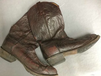 Mens, Cowboy Boots , N/L, Dk Brown, Leather, Reptile/Snakeskin, 11, Brown Leather with Reptile Skin Texture at Foot, Brown Embroidery, 1.5" Heel