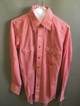 Mens, Western, MAVERICK, Red, White, Polyester, Cotton, Check , 34, 14/.5, Red Snap Front, Long Sleeves, 2 Flap Pocket, Multiples,