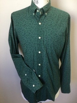 Mens, Casual Shirt, J. CREW, Green, Navy Blue, Cotton, Floral, L, Forrest Green with Tiny Navy Floral Print, Collar Attached, Button Down, Button Front, Long Sleeves,