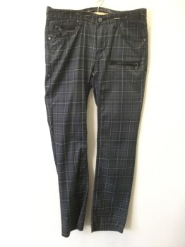 Mens, Casual Pants, BLACK HEARTS BRIGADE, Black, Charcoal Gray, Gray, Midnight Blue, Cotton, Plaid, 32, 32, Jean-style Plaid Pant, 4 Front Pockets (2 Zip), 3 Back Pockets (1 Zip), Belt Loops, Zip Fly, White Scratch Above Back Left Pocket