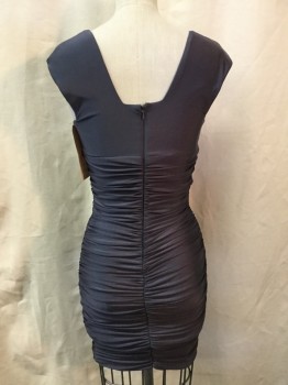 Womens, Cocktail Dress, ATRIA CLOTHING, Steel Blue, Spandex, Lycra, Solid, S, Body Contour, Cap Sleeves, Rouched Sides, Back Zipper, Cross Straps and Sweetheart Neckline