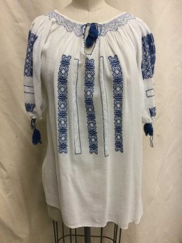 NL, White, Blue, Cotton, Novelty Pattern, White, Blue & White Novelty Embroidery, Drawstring Neck Tie with Key Hole, Short Sleeves, with Drawstring Sleeve Detail