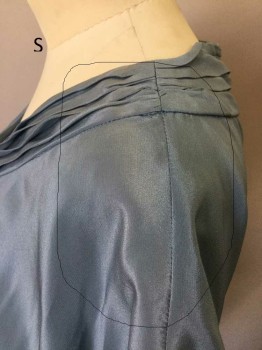 BANANA REPUBLIC, Slate Blue, Silk, Solid, V. Neck with Pleated Detail, Short Sleeve, and Matching Self Belt. Invisible Zipper at Left Side. Some Sun Damage to Left Shoulder