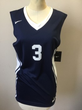 Unisex, Jersey, NIKE DRI FIT, Navy Blue, White, Polyester, Color Blocking, S, Navy with White V-neck, White Panels at Sides with Navy Stripes, Sleeveless, "3" at Front and Back