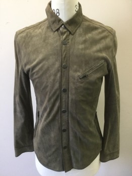 Mens, Casual Shirt, JOHN VARVATOS, Putty/Khaki Gray, Suede, Linen, Solid, M, Dusty Grayish Brown Goat Suede, Long Sleeves, Snap Front, Collar Attached, 3 Zip Pockets, Brown Linen Lining