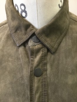 Mens, Casual Shirt, JOHN VARVATOS, Putty/Khaki Gray, Suede, Linen, Solid, M, Dusty Grayish Brown Goat Suede, Long Sleeves, Snap Front, Collar Attached, 3 Zip Pockets, Brown Linen Lining